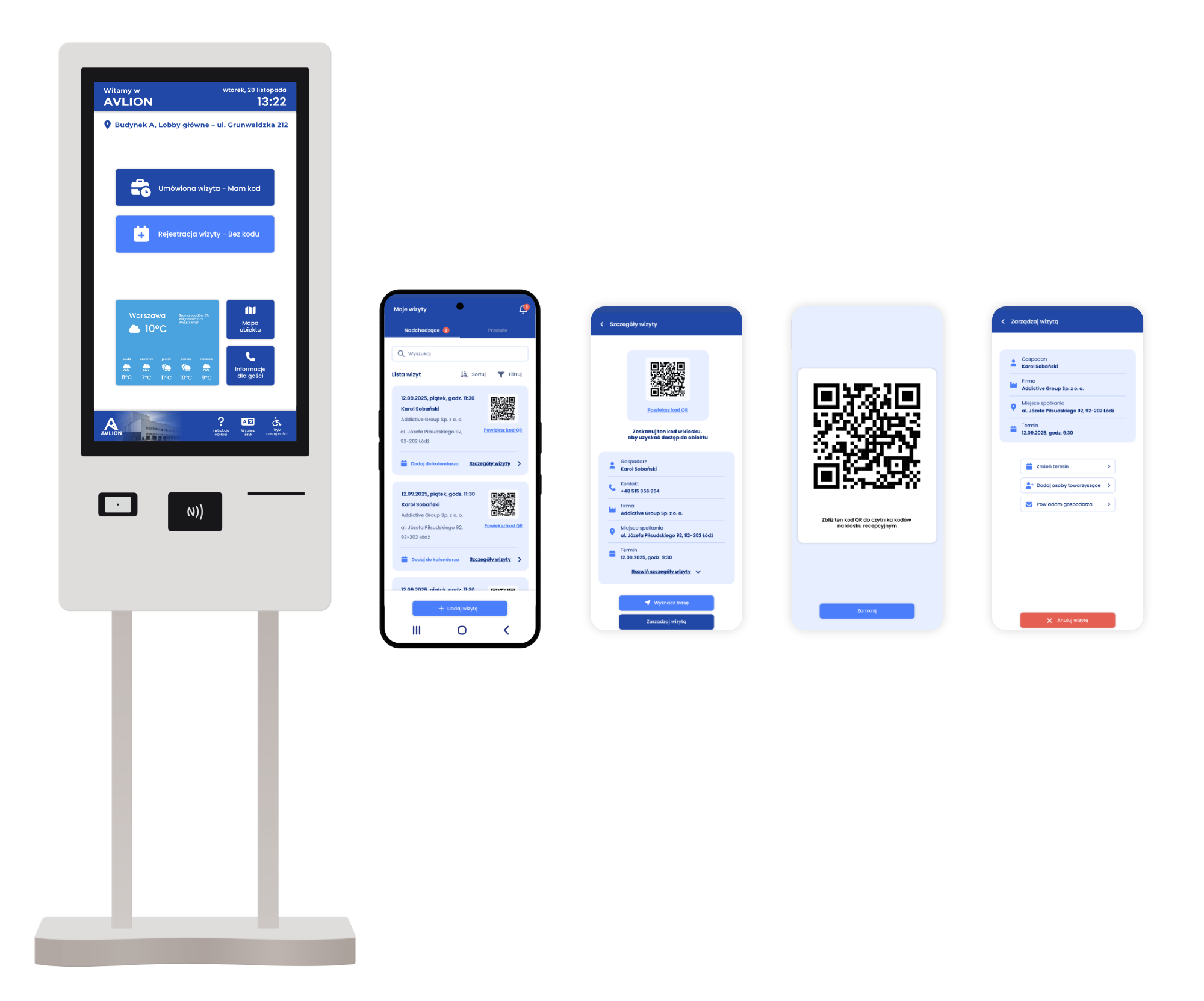 Podgląd kiosku recepcyjnego i aplikacji mobilnej systemu awizacji